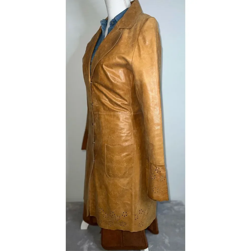 Wilsons Leather Duster Caramel Tan Trench Eyelet 70s Pearl Snaps Coat - Picture 9 of 12